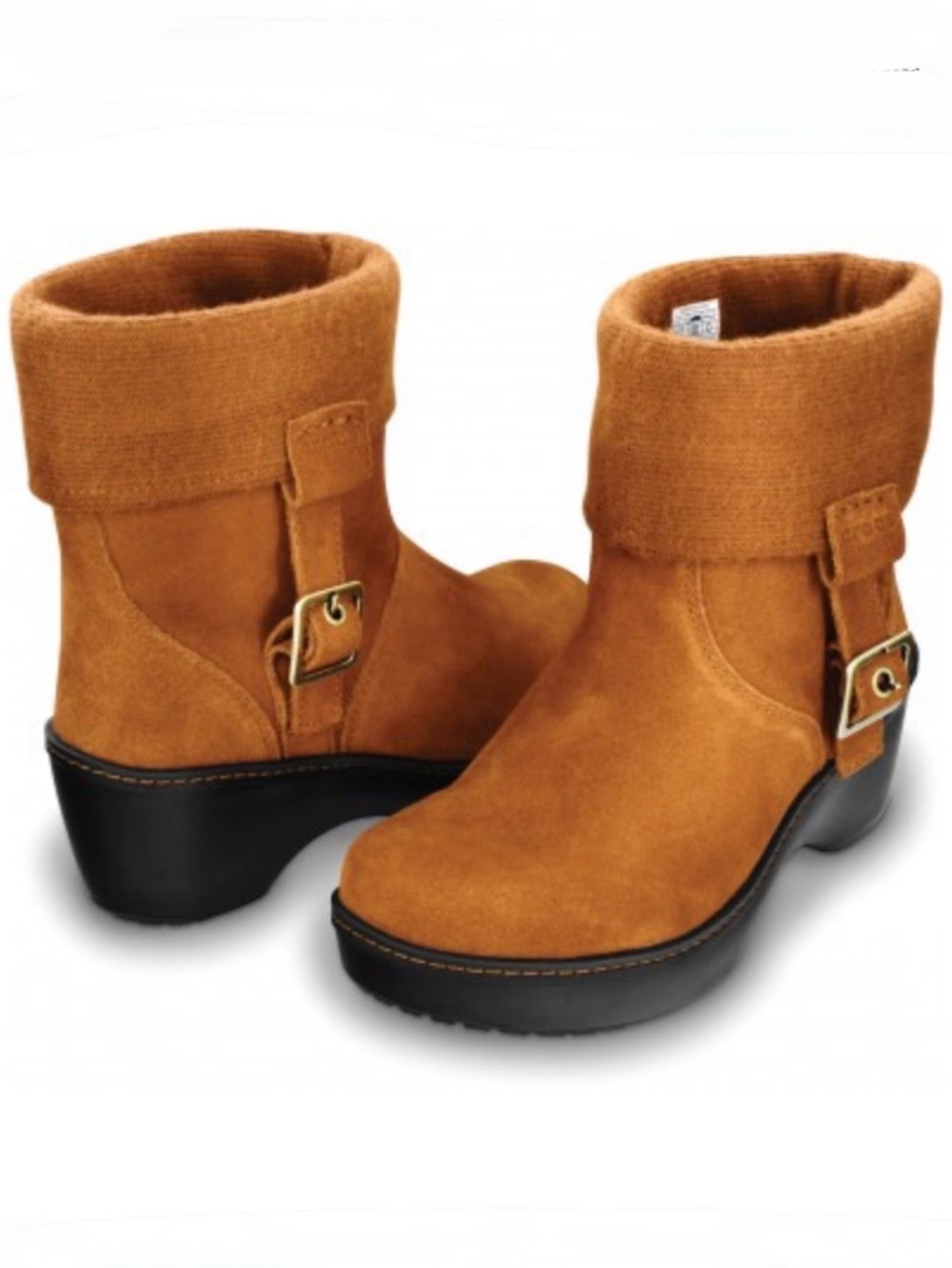 CROCS, Cobbler Brown Suede Leather Foldover Buckle Boots Waterproof, Sz 9